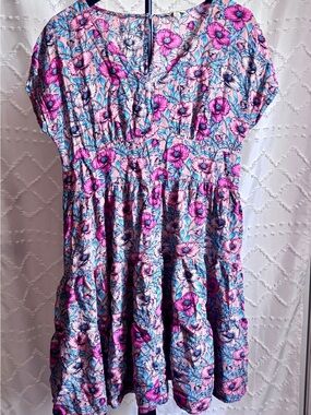 Kori America Floral Babydoll Dress Pink Blue Tiered Mini Dress Small Boho